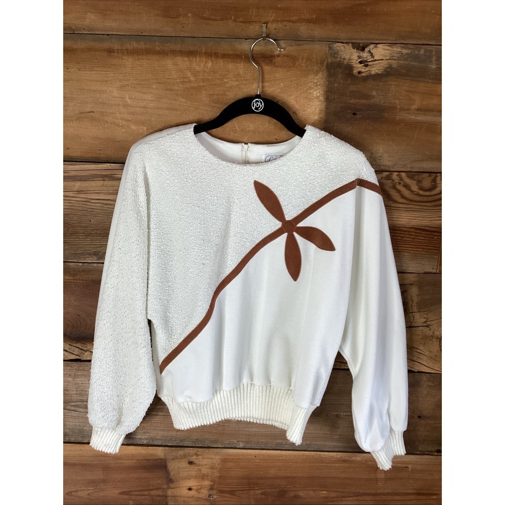 Vintage 1970s Leslie Fay Knit Top Retro Cream And Brown Small Ribbed Cuffs & Hem